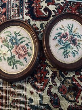 Vintage Floral Needlepoint Wall Plaques -